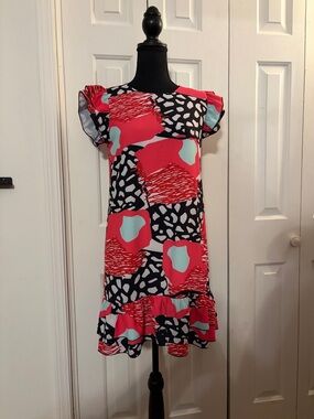 CROSBY by Mollie Burch Abstract Pink Mini Dress in Hot Pink, Black, & Mint